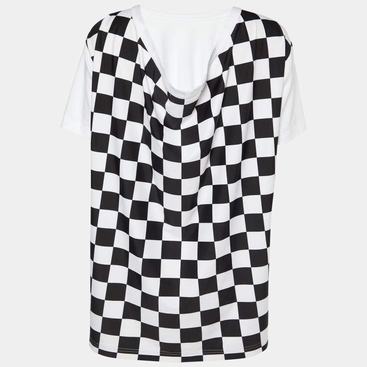 Pre Owned Comme des Garcons White Cotton Knit Checkered Satin Asymmetric Hem T-Shirt M