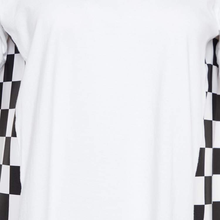 Pre Owned Comme des Garcons White Cotton Knit Checkered Satin Asymmetric Hem T-Shirt M