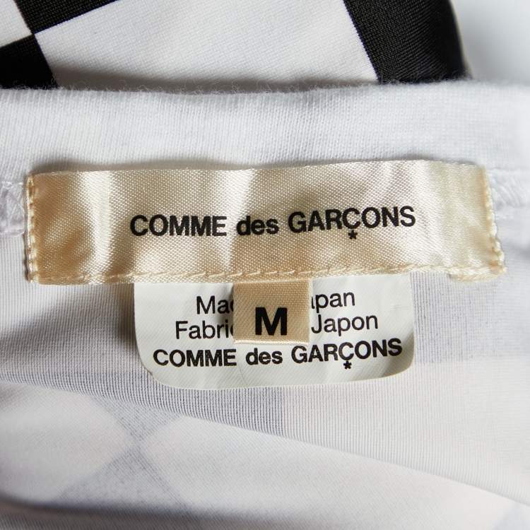 Pre Owned Comme des Garcons White Cotton Knit Checkered Satin Asymmetric Hem T-Shirt M