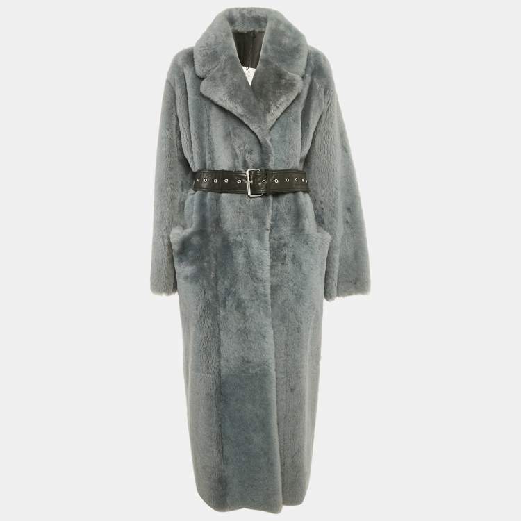 مملوكة مسبقًا Common Leisure Blue Shearling and Leather Belted Coat S