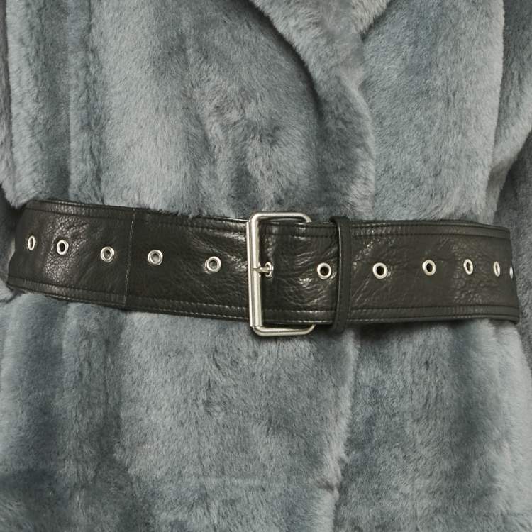 مملوكة مسبقًا Common Leisure Blue Shearling and Leather Belted Coat S