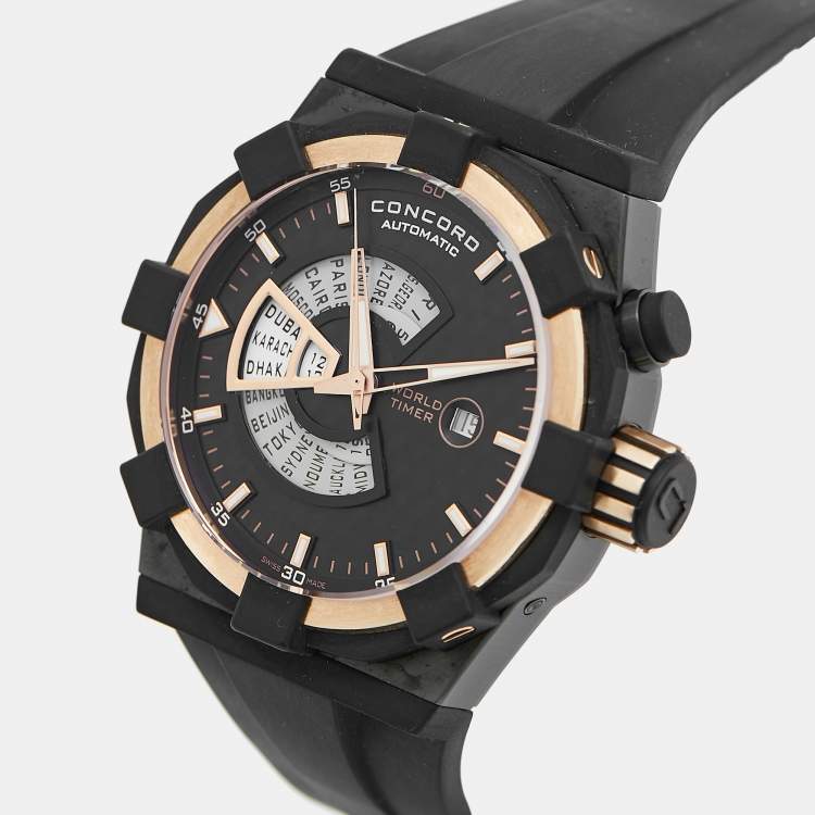 Pre Owned Concord Black 18k Rose Gold PVD Coated Stainless Steel Rubber C1 World Timer 01.6.78.1016 Men's Wristwatch 48 mm 