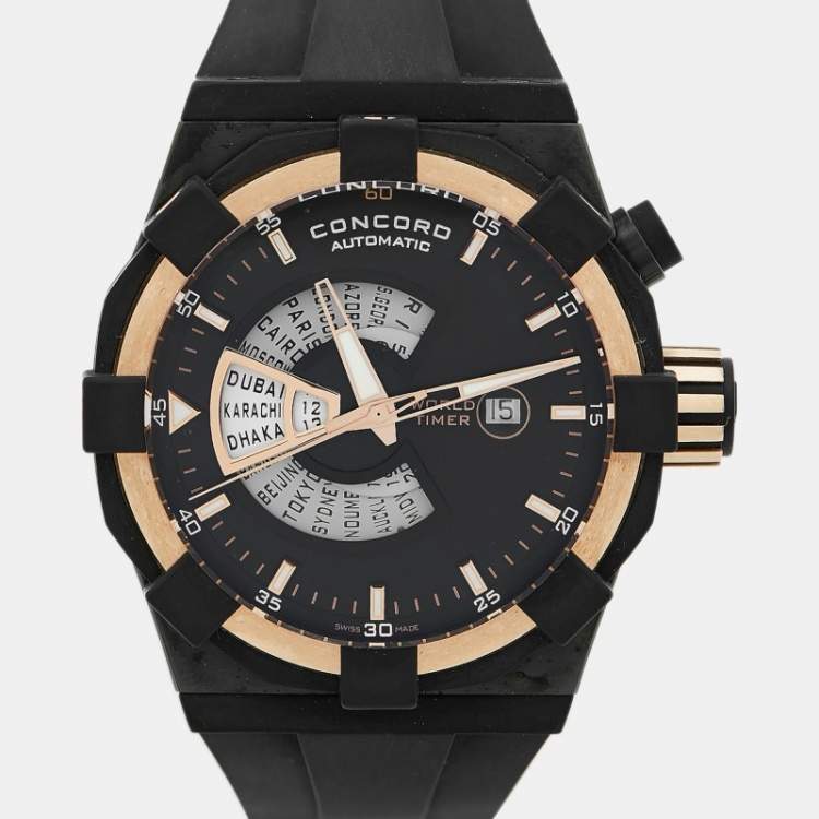 Pre Owned Concord Black 18k Rose Gold PVD Coated Stainless Steel Rubber C1 World Timer 01.6.78.1016 Men's Wristwatch 48 mm 