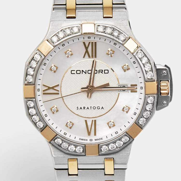 Pre Owned Concord Mother of Pearl Aftermarket Diamonds 18k Rose Gold Stainless Steel Saratoga 02.3.15.1165 Women's Wristwatch 31 mm 