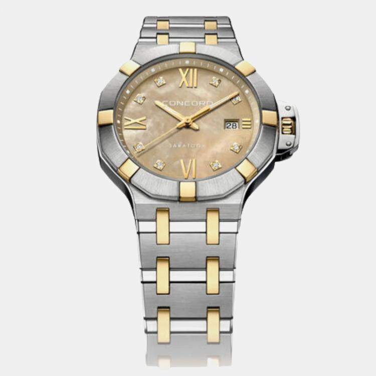 Pre Owned Concord Beige MOP Diamond Stainless Steel 18k Yellow Gold Saratoga 0320535 Quartz Women's Wristwatch 31 mm 