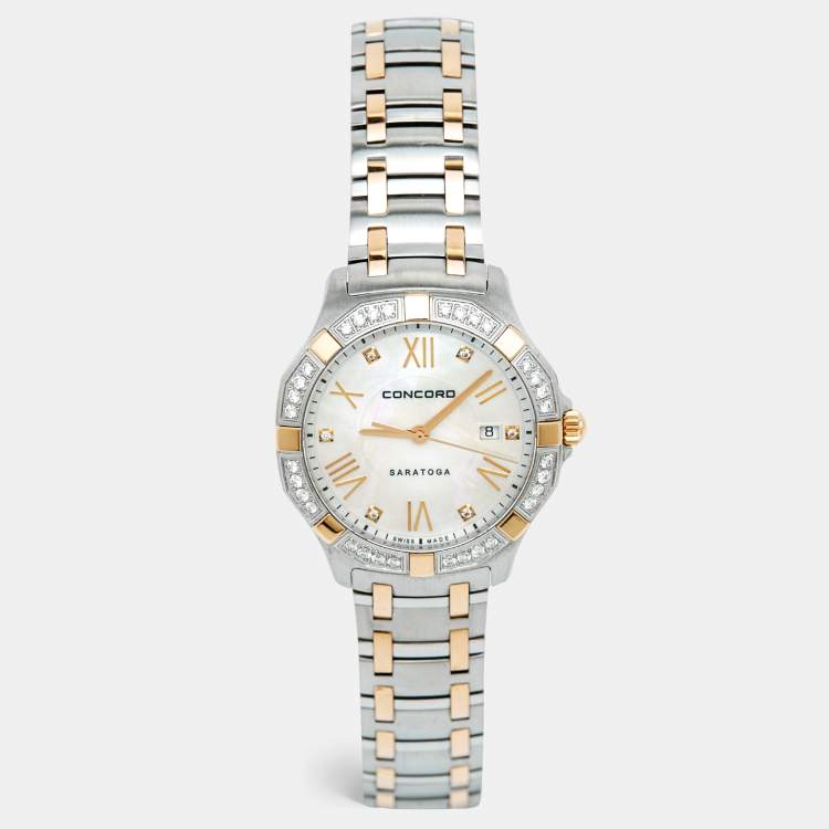 Pre Owned Concord Saratoga 0320169 Mother of Pearl Dial Stainless Steel Rose Gold CVC Diamond Women's Wristwatch 31 mm
