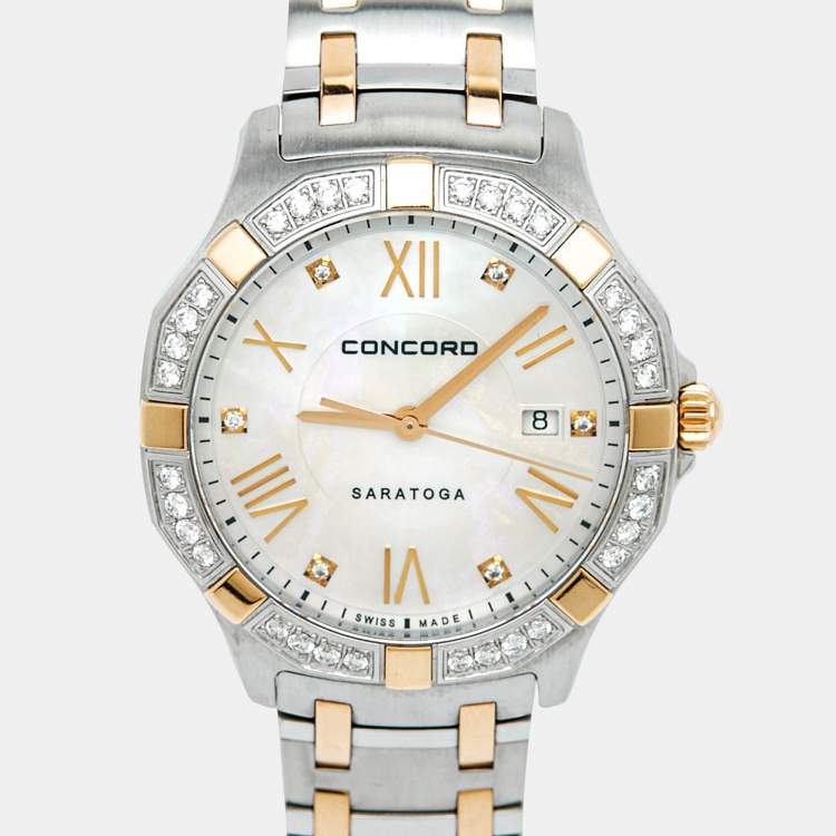 Pre Owned Concord Saratoga 0320169 Mother of Pearl Dial Stainless Steel Rose Gold CVC Diamond Women's Wristwatch 31 mm