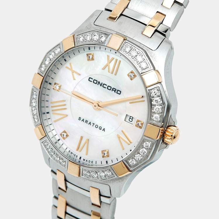 Pre Owned Concord Saratoga 0320169 Mother of Pearl Dial Stainless Steel Rose Gold CVC Diamond Women's Wristwatch 31 mm