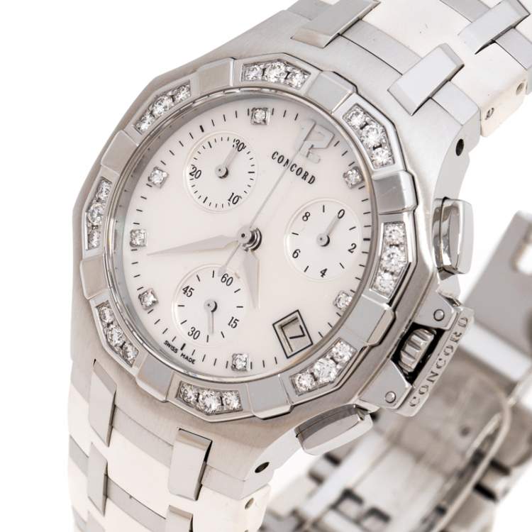 Pre Owned Concord White Mother of Pearl Stainless Steel Diamonds Saratoga 14.H1.1881S Women's Wristwatch 33 mm