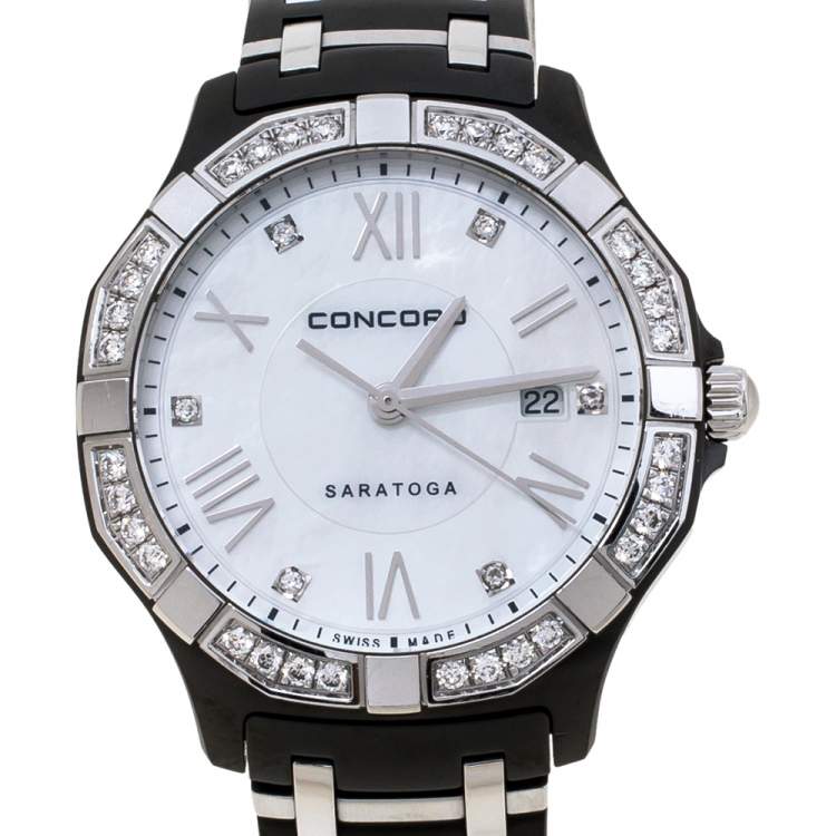 Pre Owned Concord White Mother Of Pearl Two-Tone Stainless Steel Diamond Saratoga CC.02.3.36.1091S Women's Wristwatch 31 mm