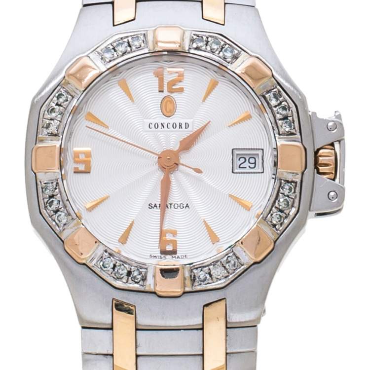 Pre Owned Concord Silver White 18K Rose Gold Stainless Steel Diamond Saratoga 24.E1.1855 Women's Wristwatch 28 mm