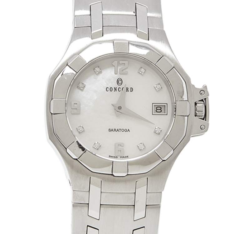 Pre Owned Concord Mother of Pearl Stainless Steel Diamonds Saratoga 14.E1.1855 Women's Wristwatch 28 mm