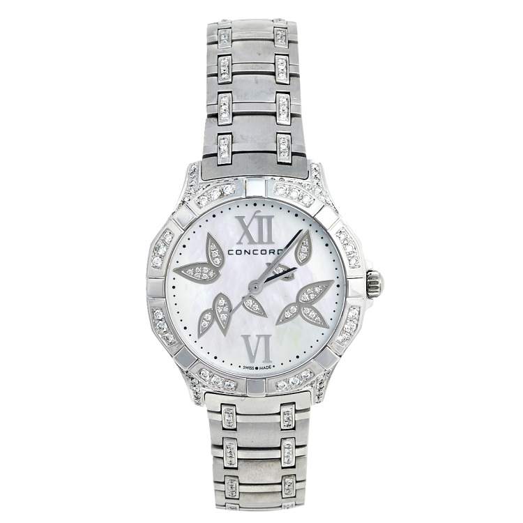 Pre Owned Concord Mother of Pearl Flower Stainless Steel Diamond Saratoga 02.3.14.1060 Women's Wristwatch 31 mm