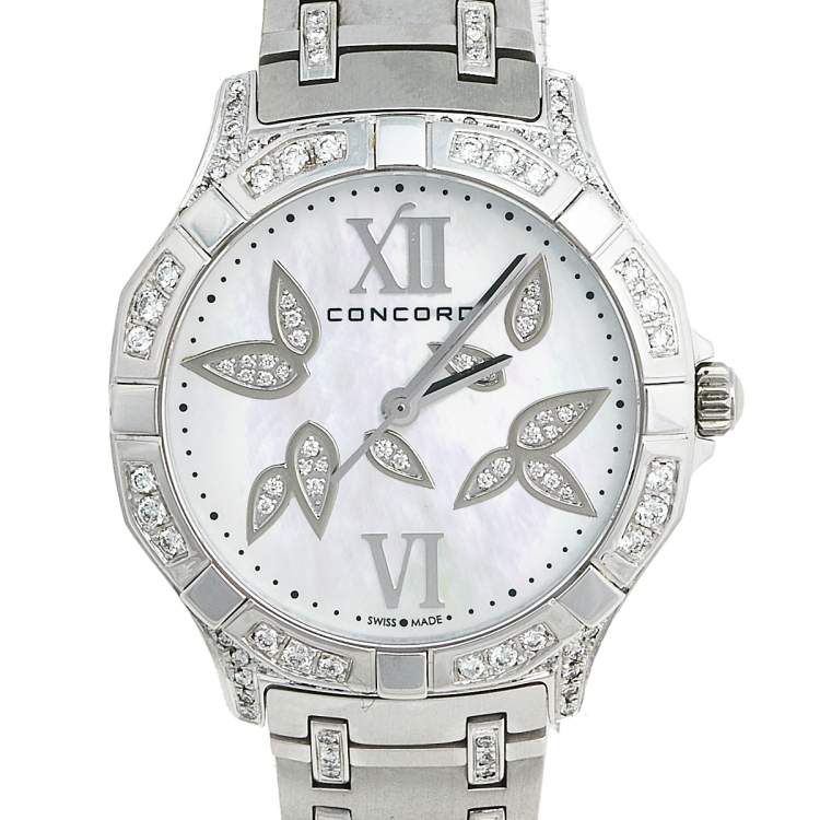 Pre Owned Concord Mother of Pearl Flower Stainless Steel Diamond Saratoga 02.3.14.1060 Women's Wristwatch 31 mm