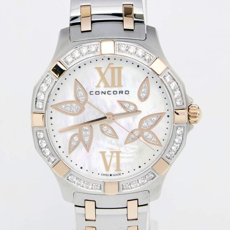 Pre Owned Concord Mother Of Pearl 18K Rose Gold Stainless Steel Diamond Saratoga 320307 Women's Wristwatch 31 mm