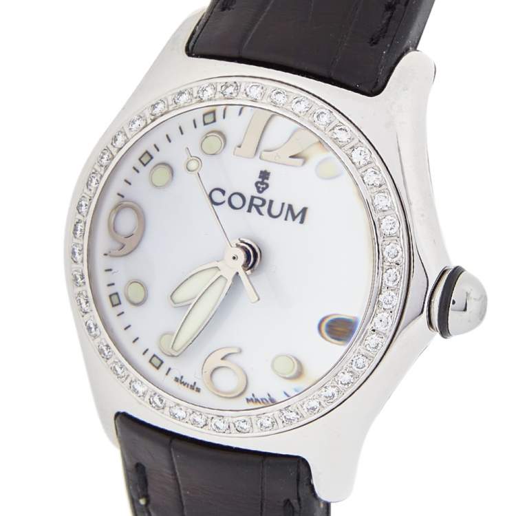 Pre Owned Corum White Stainless Steel & Leather Diamond Bubble 39.250.20 Women's Wristwatch 36 mm