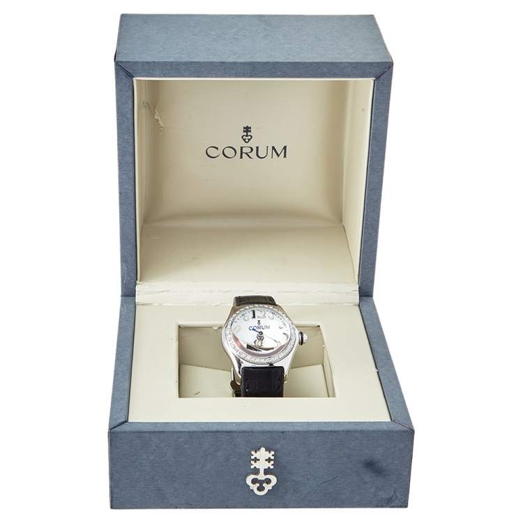 Pre Owned Corum White Stainless Steel & Leather Diamond Bubble 39.250.20 Women's Wristwatch 36 mm