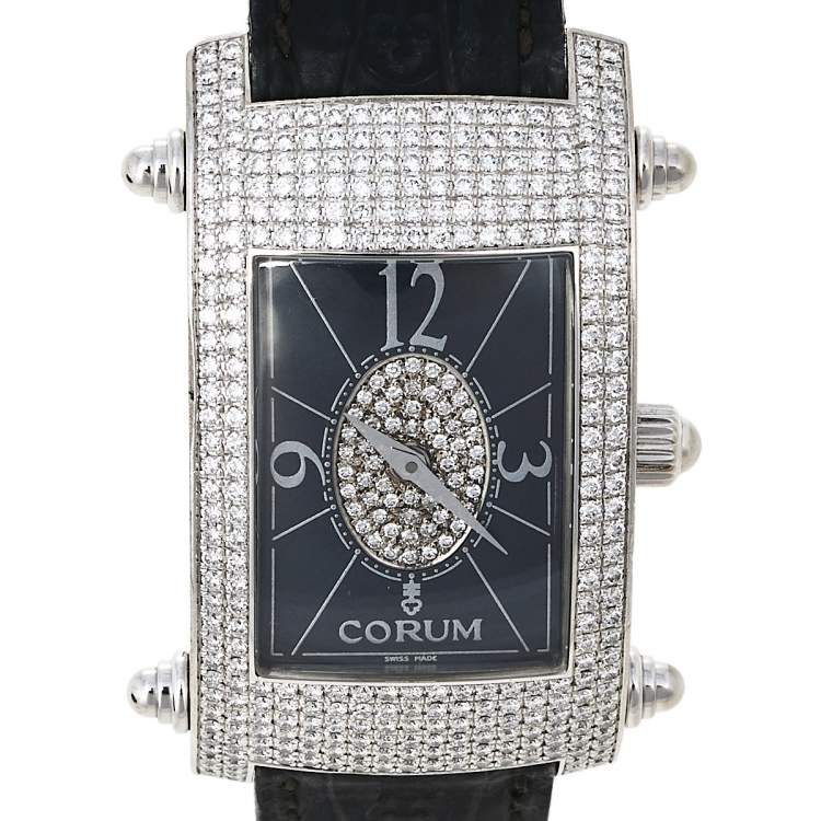 Pre Owned Corum Black 18K White Gold Diamond Pave Moonlight 38.121.69 Women's Wristwatch 25 mm