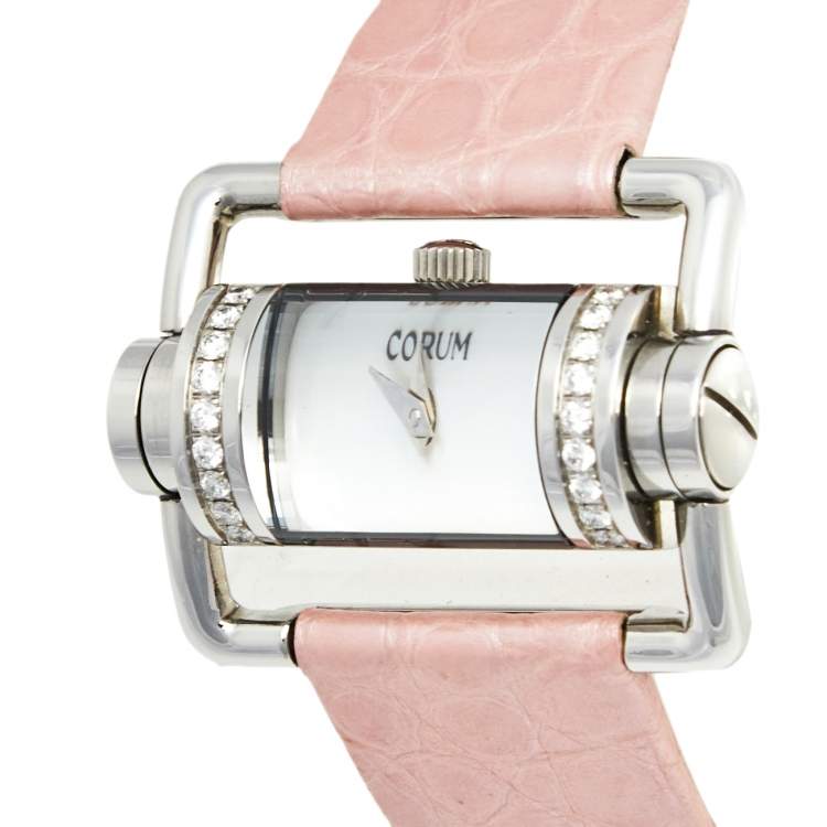 Pre Owned Corum Mother of Pearl Stainless Steel Crocodile Leather Diamond Horizontal 130.330.47 Women's Wristwatch 24 mm
