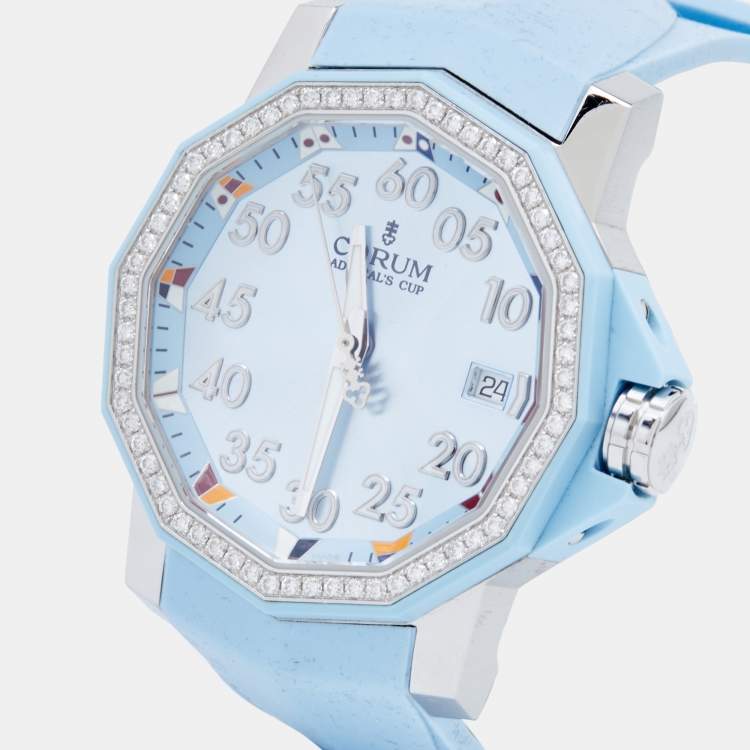 Pre Owned Corum Blue Stainless Steel Diamond Rubber Admiral's Cup 082-953-47-F381-BC32 Women's Wristwatch 40 mm