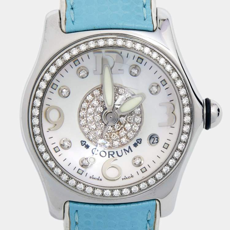Pre Owned Corum Mother Of Pearl Stainless Steel Diamond Bubble 39.151.47 Women's Wristwatch 36 mm