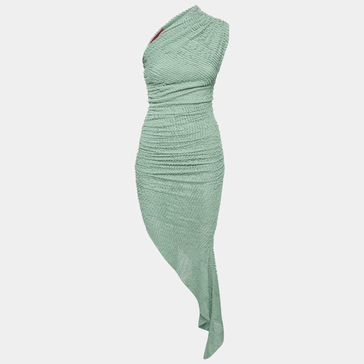 مملوكة مسبقًا Cou Coo Green Patterned Knit Ruched Asymmetric Strapless Dress XS