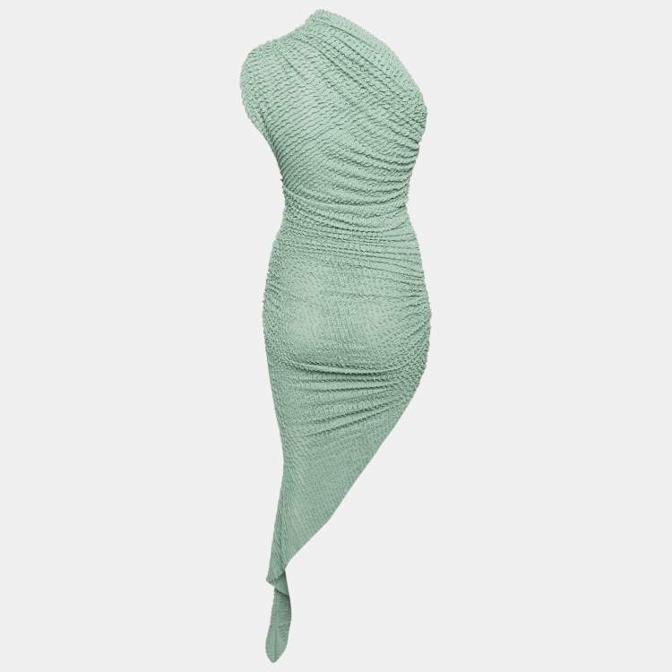 مملوكة مسبقًا Cou Coo Green Patterned Knit Ruched Asymmetric Strapless Dress XS