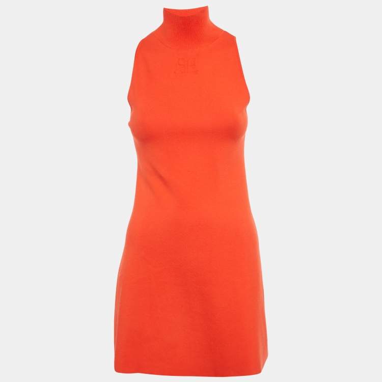 Pre Owned Courrèges Orange Logo Embossed Knit A-Line Mini Dress S