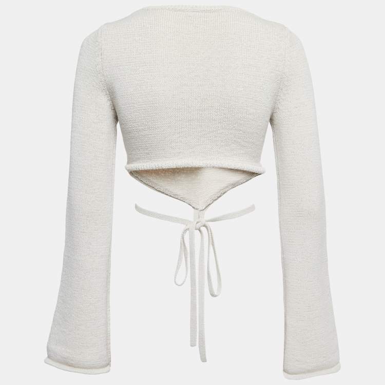 Pre Owned Cult Gaia Beige Knit Bell Sleeve Tie Detail Crop Top M
