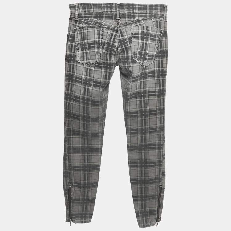 Pre Owned Current Elliot Grey Plaid Cotton Soho Zip Stiletto Pants S Waist 24"