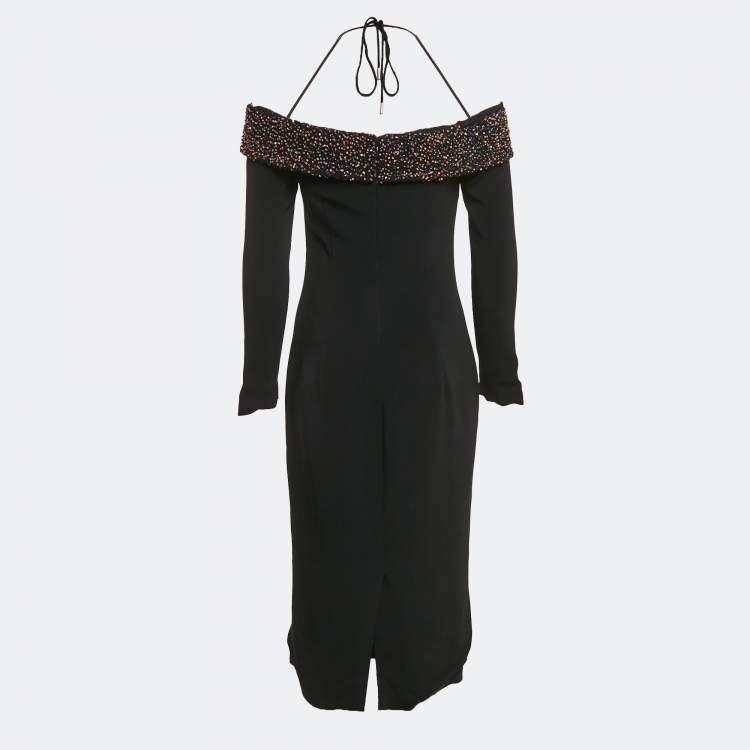 Pre Owned Cushnie et Ochs Black Embellished Crepe Off-Shoulder Midi Dress M