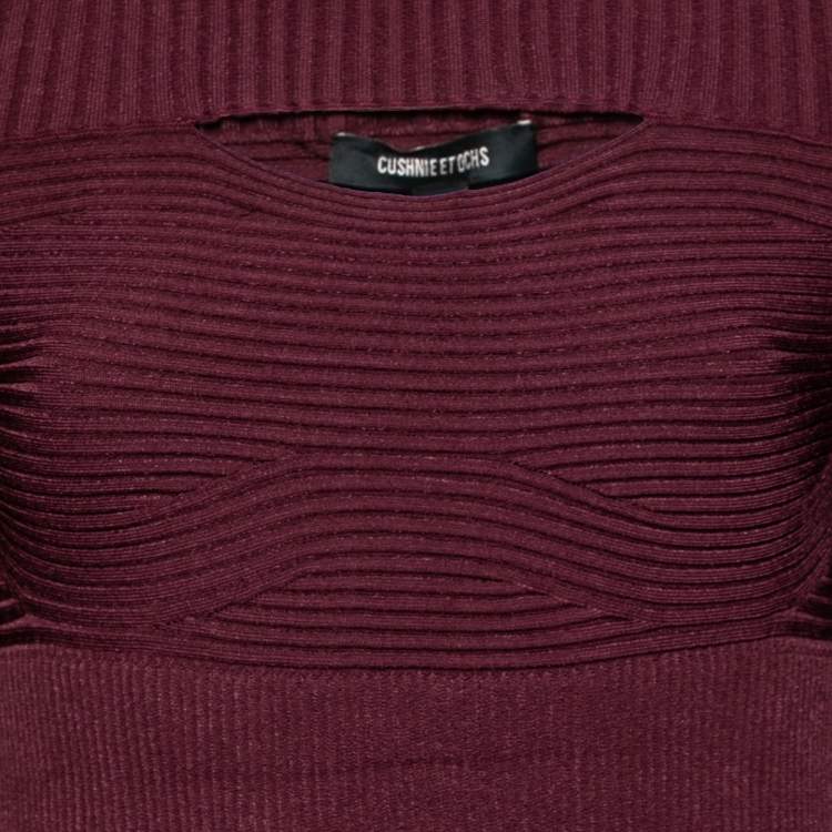 Pre Owned Cushnie et Ochs Burgundy Rib Knit Cut-Out Detail Sweater XL