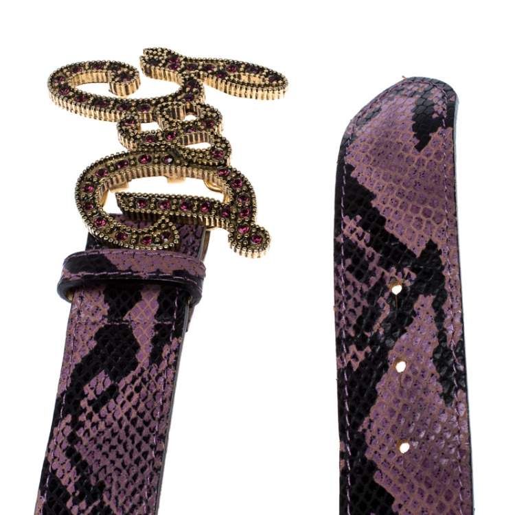 Pre Owned D&G Purple Snake Embossed Leather Crystal Embellished Logo Buckle Belt Size 90