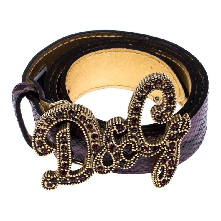 Pre Owned D&G Purple Snake Embossed Leather Crystal Embellished Logo Buckle Belt Size 90