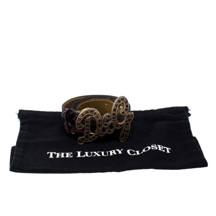 Pre Owned D&G Purple Snake Embossed Leather Crystal Embellished Logo Buckle Belt Size 90