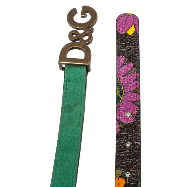 Pre Owned D&G Green Suede Brass Metal Logo Narrow Belt 90CM