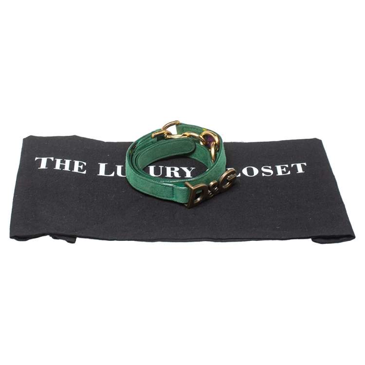 Pre Owned D&G Green Suede Brass Metal Logo Narrow Belt 90CM