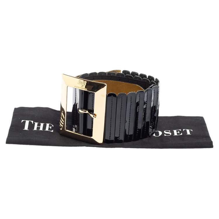 Pre Owned D&G Black Patent Leather Elastic Band Buckle Waist Belt 90CM