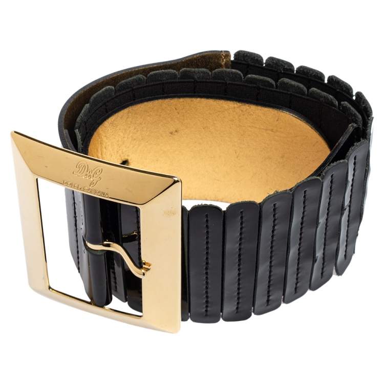 Pre Owned D&G Black Patent Leather Elastic Band Buckle Waist Belt 90CM