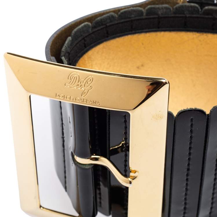 Pre Owned D&G Black Patent Leather Elastic Band Buckle Waist Belt 90CM