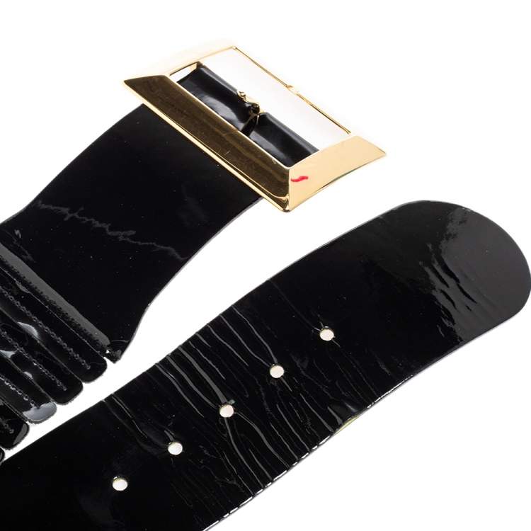 Pre Owned D&G Black Patent Leather Elastic Band Buckle Waist Belt 90CM