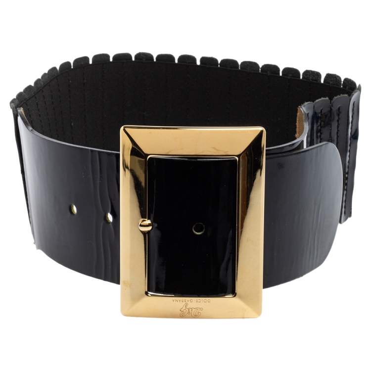 Pre Owned D&G Black Patent Leather Elastic Band Buckle Waist Belt 90CM