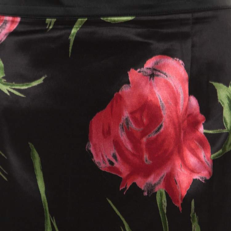 Pre Owned D & G Only Under 40 Vintage Black Rose Printed Satin Pencil Skirt L