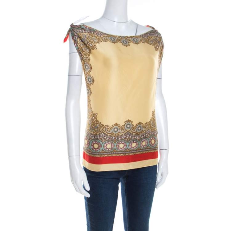 Pre Owned D & G Multicolor Printed Mixed Media Shoulder Tie Detail Tank Top M