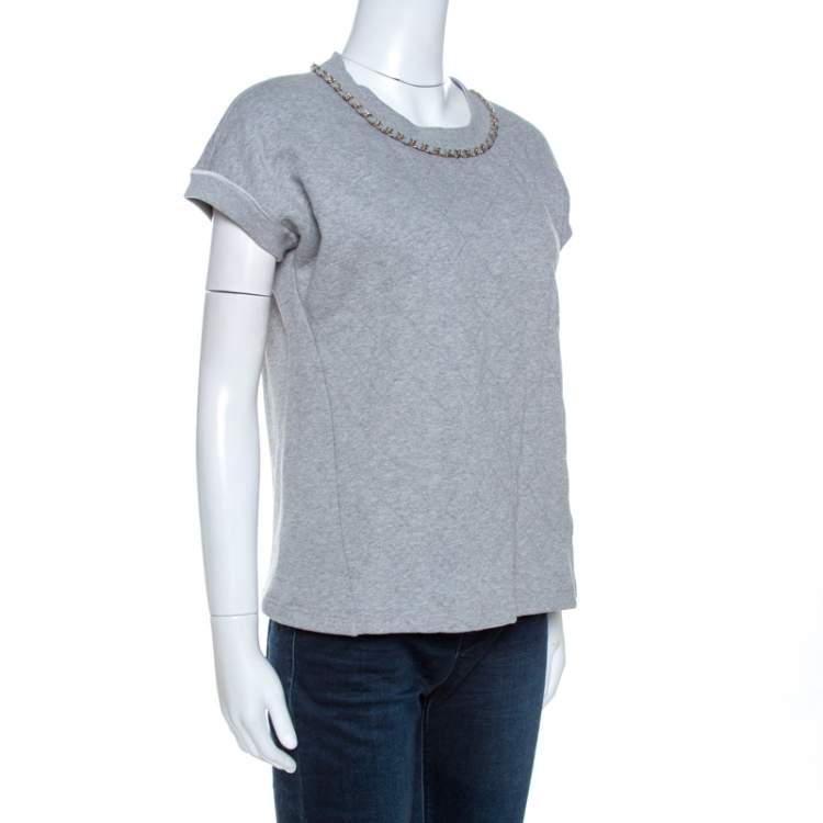 Pre Owned D&G Grey Quilted Cotton Knit Chain Detail Top M 