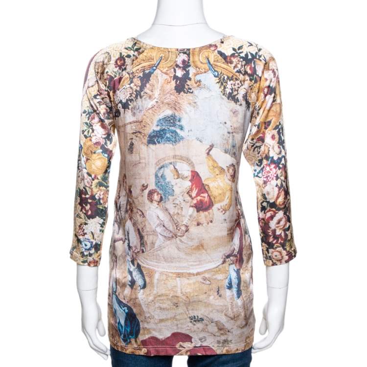 Pre Owned D&G Beige Abstract Printed Stretch Silk Long Sleeve Top M