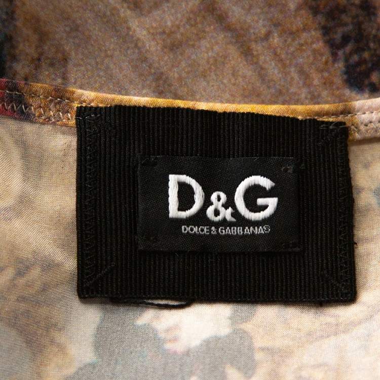 Pre Owned D&G Beige Abstract Printed Stretch Silk Long Sleeve Top M