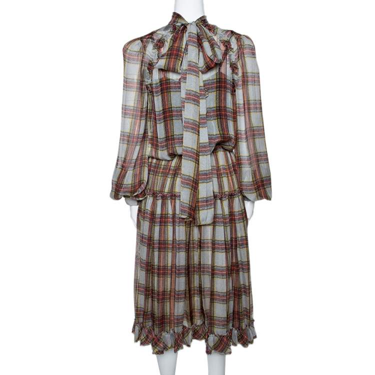 Pre Owned D&G Grey Plaid Print Silk Ruffled Midi Dress M