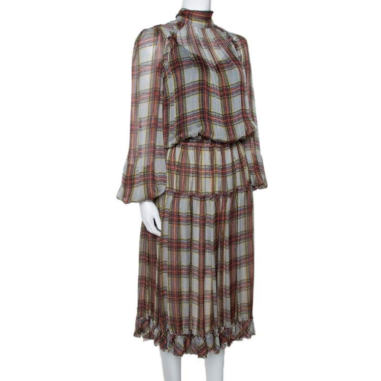 Pre Owned D&G Grey Plaid Print Silk Ruffled Midi Dress M