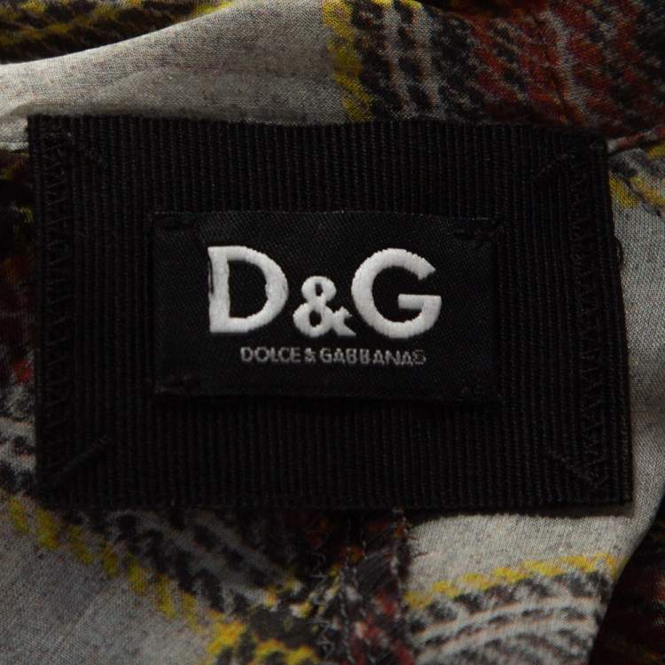 Pre Owned D&G Grey Plaid Print Silk Ruffled Midi Dress M